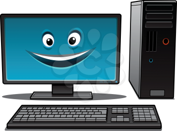 Happy cartoon desktop computer with a keyboard, tower and large monitor with a smiling face