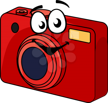 Colorful red point and shoot compact camera with a happy smiling face, cartoon illustration isolated on white