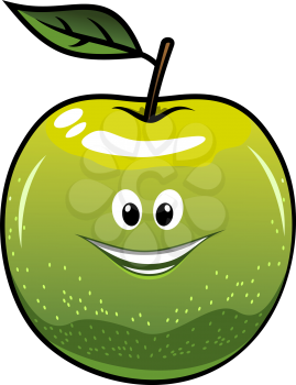 Healthy fresh green cartoon apple with a single leaf and happy smiling face, vector illustration isolated on white