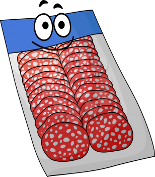 Packet of sliced salami or pepperoni wurst packaged for the supermarket with a happy smiling face at the top, cartoon illustration isolated on white