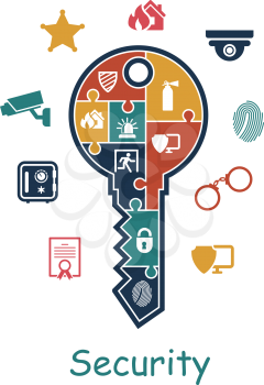 Security icon with a key containing puzzle multiple icons depicting a thumbprint, certificate, security camera, police, fire extinguisher, padlock, emergency exit, sheriffs star and online security