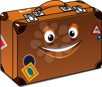 Happy retro brown leather suitcase with a big beaming smile and travel labels for previous vacations isolated on white