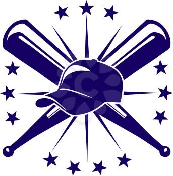 Championship baseball icon with crossed bats and a cap surrounded by a ring of stars in a blue and white, sport design