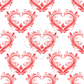 Ornate floral hearts design for Valentines in a seamless vector pattern in red for a sweetheart on anniversary, wedding, engagement, Valentines Day or suitable for wallpaper and fabric