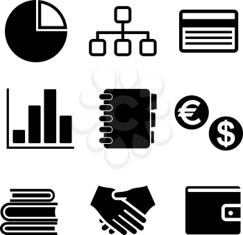 Set of black and white vector business icons including a pie and bar graph, currency symbols, handshale, flow charts amd books