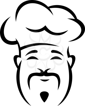Black and white doodle sketch of a cheerful chinese chef with a droopy moustache wearing a traditional toque