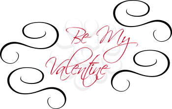 Calligraphic Be My Valentine header message with red text surrounded by black swirls, vector illustration