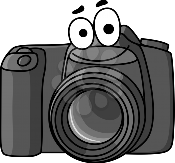 Cartoon vector illustration of a little black digital camera with a smiling face isolated on white