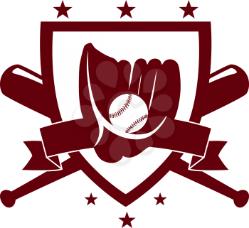 Baseball championship emblem with crossed bats behind a shield enclosing a glove and ball in a dark brown silhouette on white
