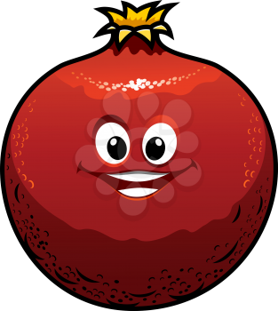 Cute red pomegranate fruit with a happy grin isolated on white, vector cartoon illustration
