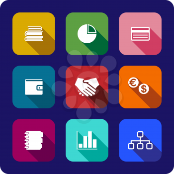 Flat business icons or buttons each on a different coloured background depicting the handshake, currency, purse, chart, graph credit card, notebook and books, vector illustrations