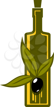Cartoon vector illustration of a bottle of virgin olive oil dripping oil from a single ripe black olive on a leafy twig, on white