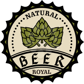 Circular natural royal beer icon or bottle cap design with text and hops, vector illustration on white
