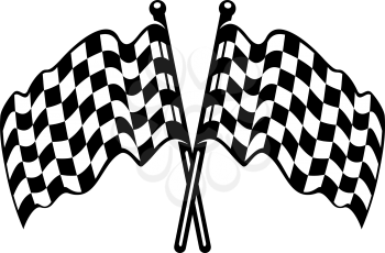 Two crossed black and white checkered flags with the fabric waving in the breeze as used on the finishing line in motor sports