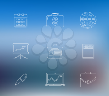 Set of line drawing business icons depicting a calendar, briefcase with dollars, globe, graphs, name tag, newspaper, pen and laptop on a blue abstract background