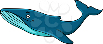 Large blue whale mascot with a happy smile swimming underwater, cartoon illustration