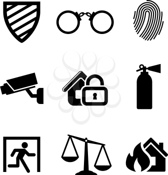 Safety and security icons set with a security shield , handcuffs, thumb print, surveillance camera, padlock, fire extinguisher, emergency exit, scales of justice and fire