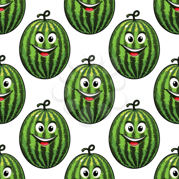 Happy refreshing green watermelon with a big toothy smile and red tongue in a colorful seamless pattern in square format