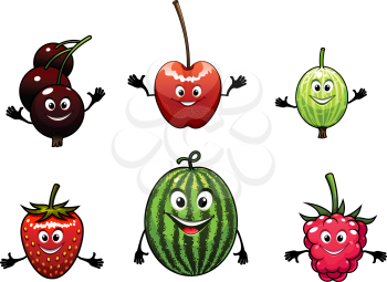 Cartoon illustration of six happy friendly fresh fruit with big beaming smiles waving their arms including a watermelon, currant, strawberry, raspberry and cherry