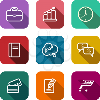 Set of colorful flat business web icons depicting a briefcase, bank card, graph, tablet, clock, sales, dollars, percent, trolley, cart and cloud computing