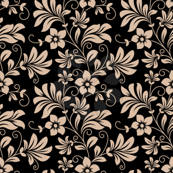 Vintage floral wallpaper seamless pattern with trailing tendrils of little flowers on vertical vines with leaves in beige on black in square format
