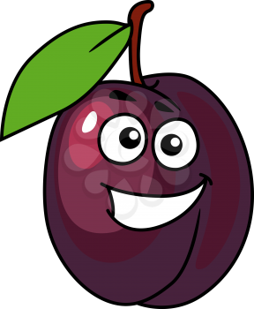 Juicy purple cartoon plum with a happy smile and single green leaf, vector illustration isolated on white