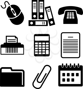 Set of simple black and white office icons with files, calculator, printer, paper clip, documents, calendar and telephone