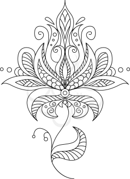 Pretty dainty ornate vintage floral motif in a black and white calligraphic outline, vector illustration