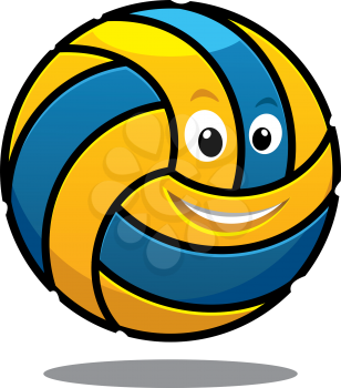 Happy colourful bouncing cartoon volleyball ball in blue and yellow with a beaming smile, vector illustration isolated on white