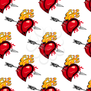 Seamless pattern of a flaming red heart pierced by an arrow symbolic of passion, desire, love and lust in square format, vector illustration on white