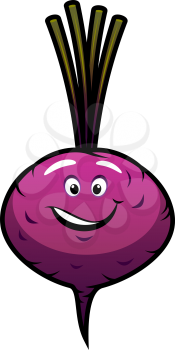Cheeky little purple cartoon beetroot with a happy lopsided grin isolated on white