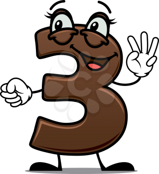 Cheerful cartoon number 3 waving his hand showing three fingers with a happy smile suitable for kids