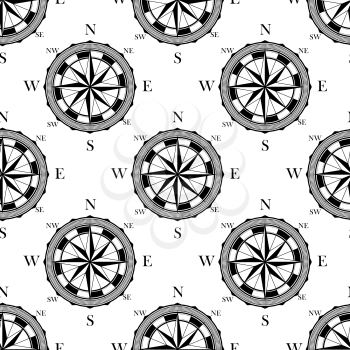 Black and white seamless pattern of vintage compasses marked with the compass points in square format suitable for textile or wallpaper