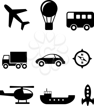 Set of nine silhouette transport icons with a plane, hot air balloon, bus, truck, car, compass, helicopter, boat and rocket