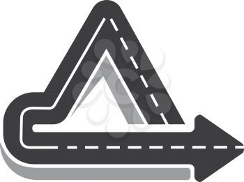 Looping triangular tarred highway doubling back on itself with an arrow pointer and central markings, vector illustration isolated on white