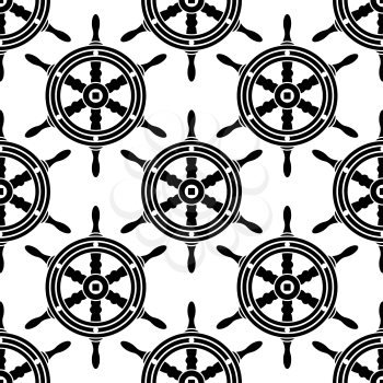 Seamless black and white background pattern of antique wooden ships wheel in square format for nautical themed wallpaper or textile design