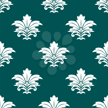 Damask style repeat arabesque design with a large foliate motif in a seamless pattern in square format on pine green background