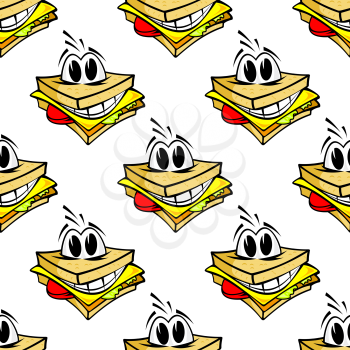 Happy cartoon cheese sandwich seamless pattern with with a big toothy grin and protruding eyes, square format for fast food design