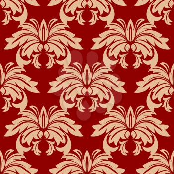 Red damask floral seamless pattern with beige arabesque motifs in square format suitable for fabric or wallpaper