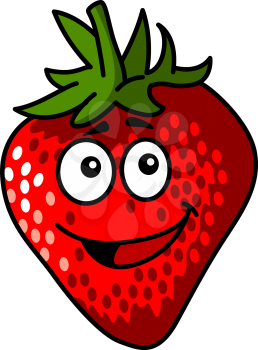 Cheerful ripe red strawberry fruit with a happy smiling face and green stalk in cartoon style