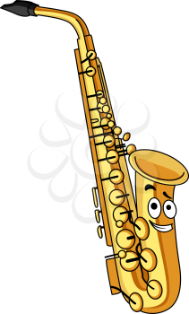 Cartoon brass saxophone with a smiling face for musical design isolated on white