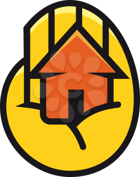 Colorful orange cartoon house cupped in the palm of a hand depicting protection, ownership and security