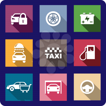 Collection of flat transport or automotive icons with cars, locking, wheel, battery, car wash, taxi, fuel pump, shopping, garage and a steering wheel