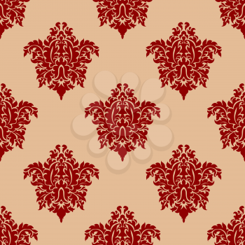 Ornate maroon damask style seamless pattern with repeat floral arabesque motifs in square format suitable for fabric or wallpaper design