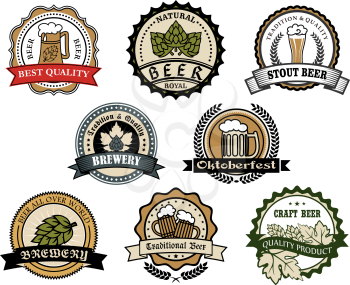 Brewery and beer labels  set depicting tankards of beer and hops in circular frames with ribbon banners and text