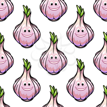 Healthy fresh bulb of garlic with a happy smile and colorful green sprout at the top in a seamless background pattern in square format