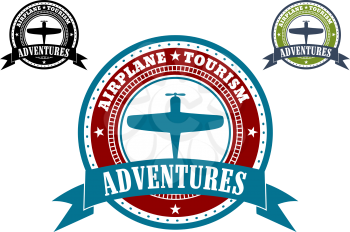 Airplane Tourism emblems with a circular frame enclosing a silhouette of an aircraft and the text - Airplane Tourism - with the word Adventures in a ribbon banner