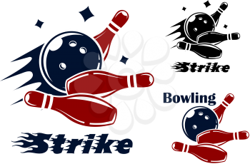 Bowling icons and symbols with the text - Strike - as the bowl hits the pins with speed and motion trails and one with the text - Bowling - and no motion trail