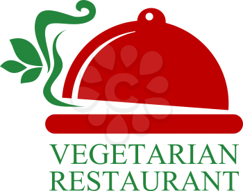 Red colored cloche representing restaurant sign with green colored text Vegetarian Restaurant in the below isolated over white background suitable for food and drink industry