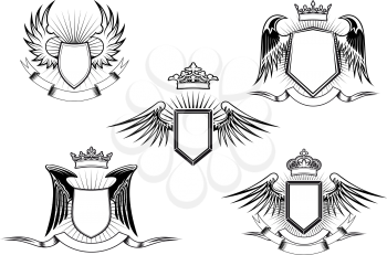 Set of five black and white vintage heraldic winged shields in different shapes with crowns above the shield and a blank banner below, detailed calligraphic design elements